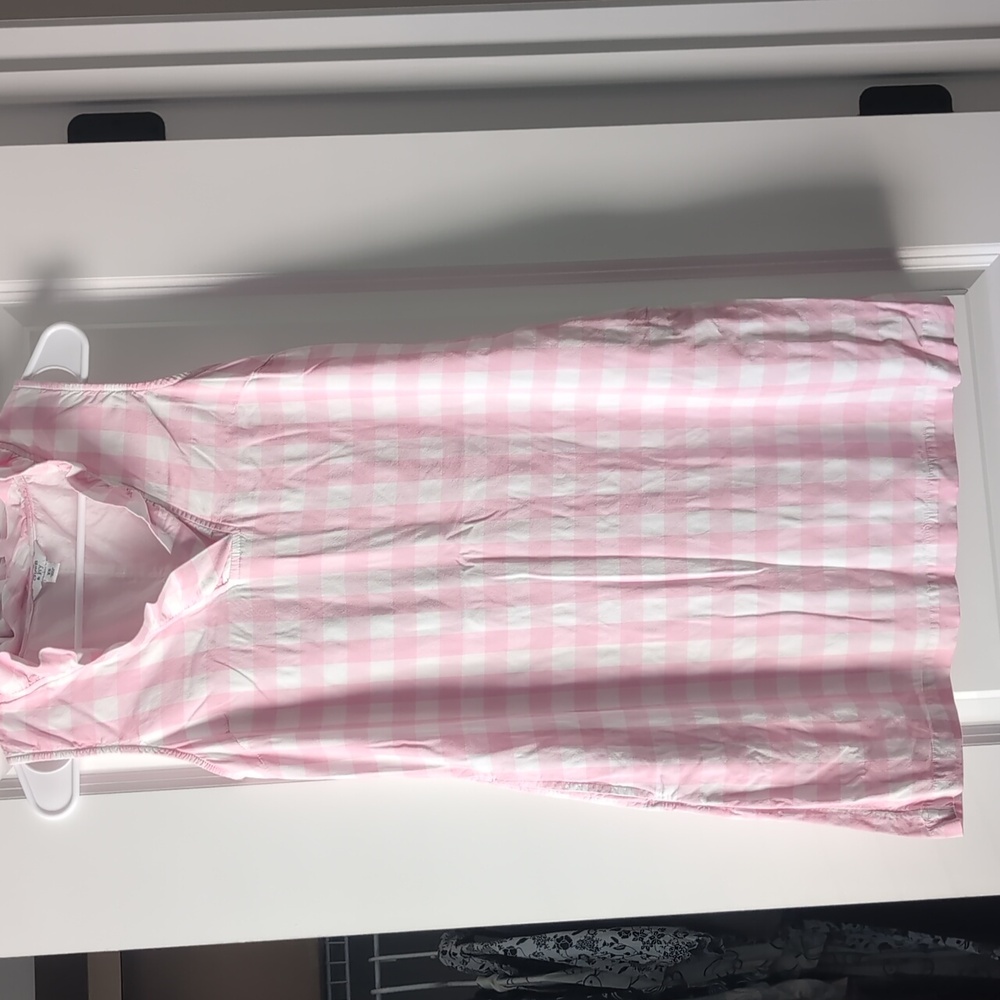 Crown & Ivy Pink & White Plaid Checkered Ruffle Neck Linen Shift Dress XS
